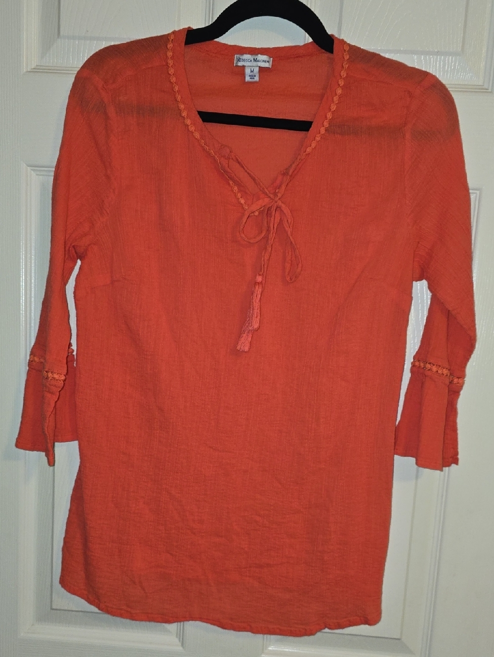 Rebecca Malone Bright Orange Tie-Neck‎ Peasant Top